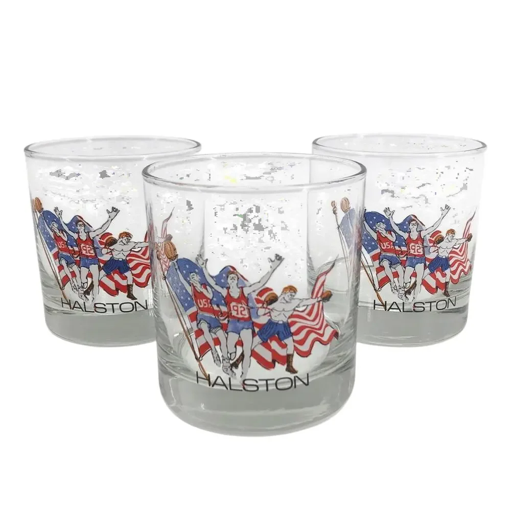 Halston 1992 Olympics lowball whiskey glasses 90s 1990s vintage